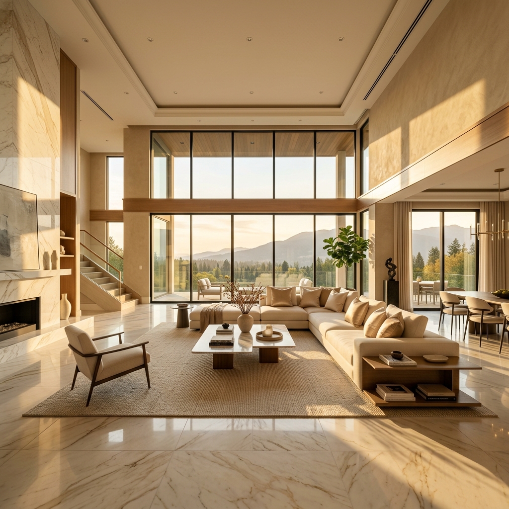 Luxury interior — grand living room with marble floors and warm sunlight